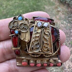 Antique Tibetan Brooch Pin 1.25" Elephant Coral‎ Turquoise Glass Brass C Clasp